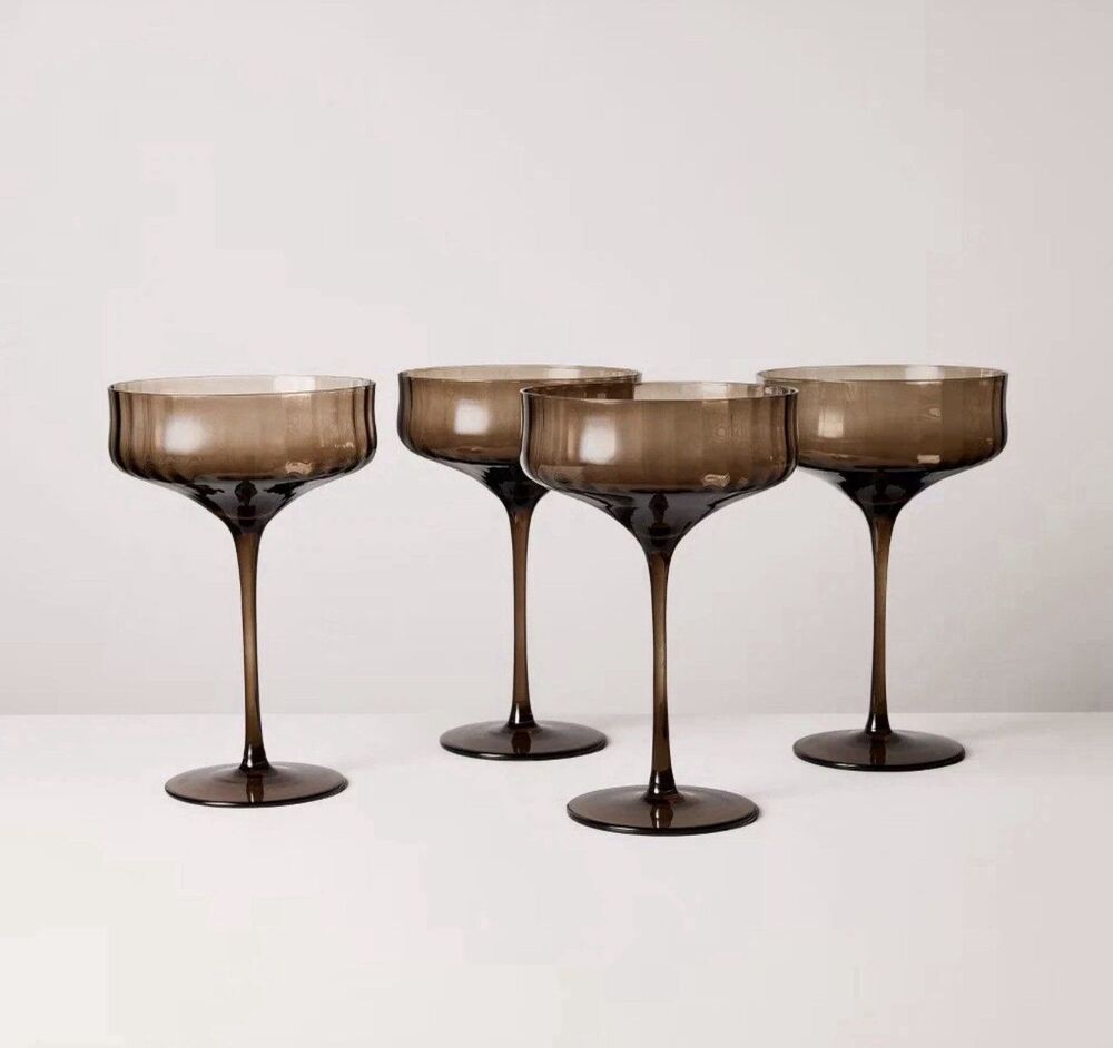 Set of 4 Hearth & Hand Brown Ribbed Coupe Glasses 12oz NEW Magnolia NEW